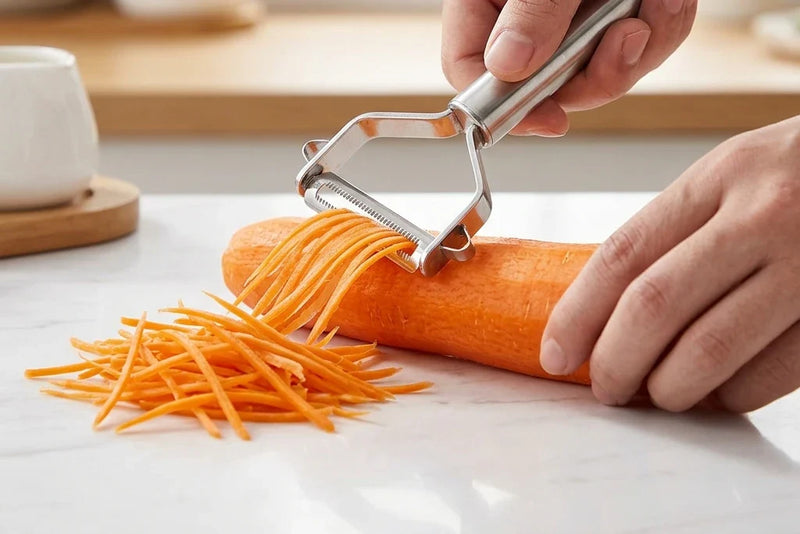 Julienne de légumes : un éplucheur-julienne inox taille de fins filaments dans une carotte posée sur un plan de travail en marbre, un tas de carotte en julienne à côté