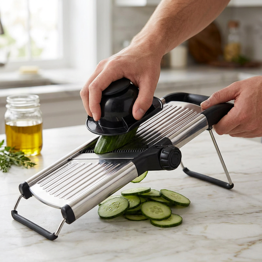 Mandoline inox réglable sur pieds qui tranche un concombre en rondelles régulières