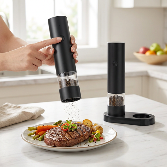 Moulin à poivre électrique noir utilisé d'une main au-dessus d'un steak grillé