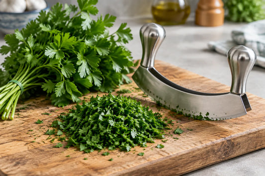 Persil frais haché sur une planche en bois avec un hachoir à herbes en inox
