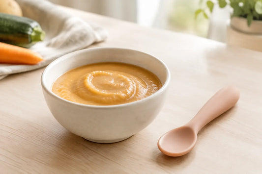 Bol de purée de viande et de légumes lisse pour bébé avec une cuillère en silicone