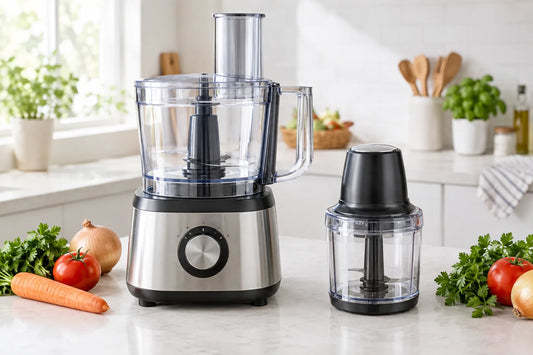 Robot multifonction et mini hachoir électrique côte à côte sur un plan de travail de cuisine