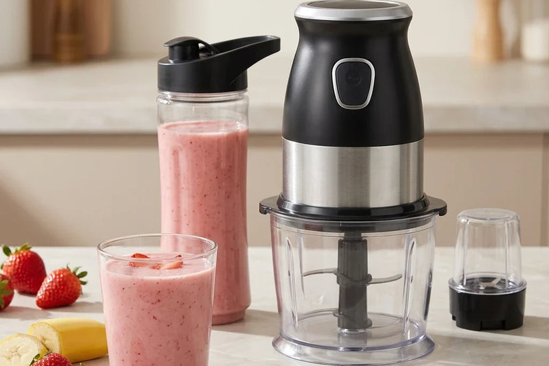 Un verre et une gourde de smoothie banane fraise à côté d'un hachoir blender noir et inox, avec des fraises et une banane coupée