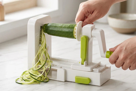 Une courgette fixée sur un spiraliseur à manivelle blanc et vert, deux mains tournent la manivelle et de longs spaghettis de courgette tombent sur un plan de travail en marbre