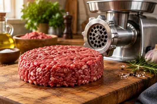 Steak haché façon bouchère épais sur une planche en bois devant un hachoir à viande en inox