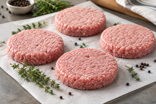 Steaks hachés de veau crus sur du papier de boucher avec du thym et du poivre