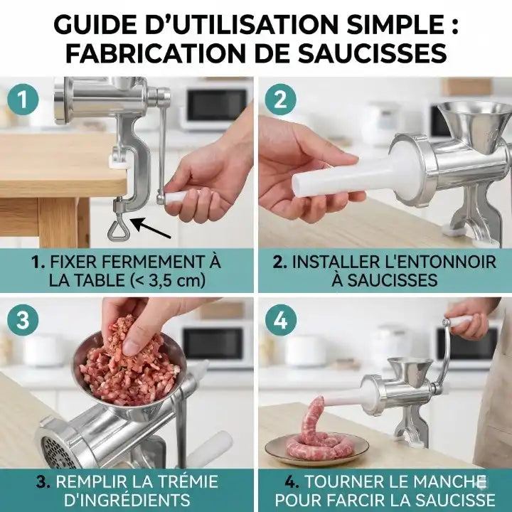 Comment Utiliser le Hachoir : Une grille de quatre images étape par étape montrant un homme fixant le hachoir à la table, installant l'entonnoir, chargeant les ingrédients (viande hachée) et tournant le manche pour farcir des saucisses fraîches. Des instructions claires accompagnent chaque étape.