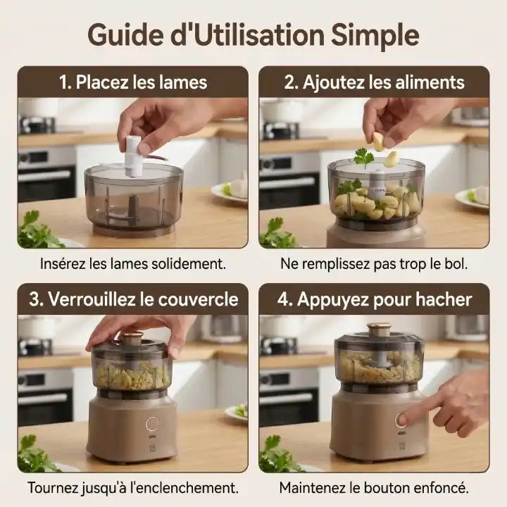 Guide d'utilisation étape par étape en 4 images du mini hachoir électrique USB marron montrant comment ajouter des aliments, fermer, hacher et servir.