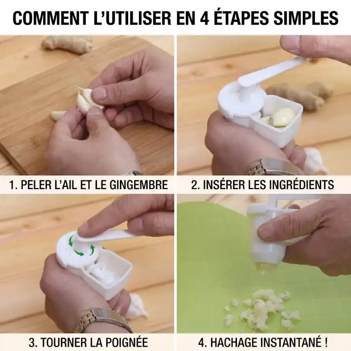 Guide illustré en 4 étapes pour utiliser le hachoir manuel rotatif : peler l'ail, l'insérer, tourner la poignée et hacher instantanément sur une assiette.