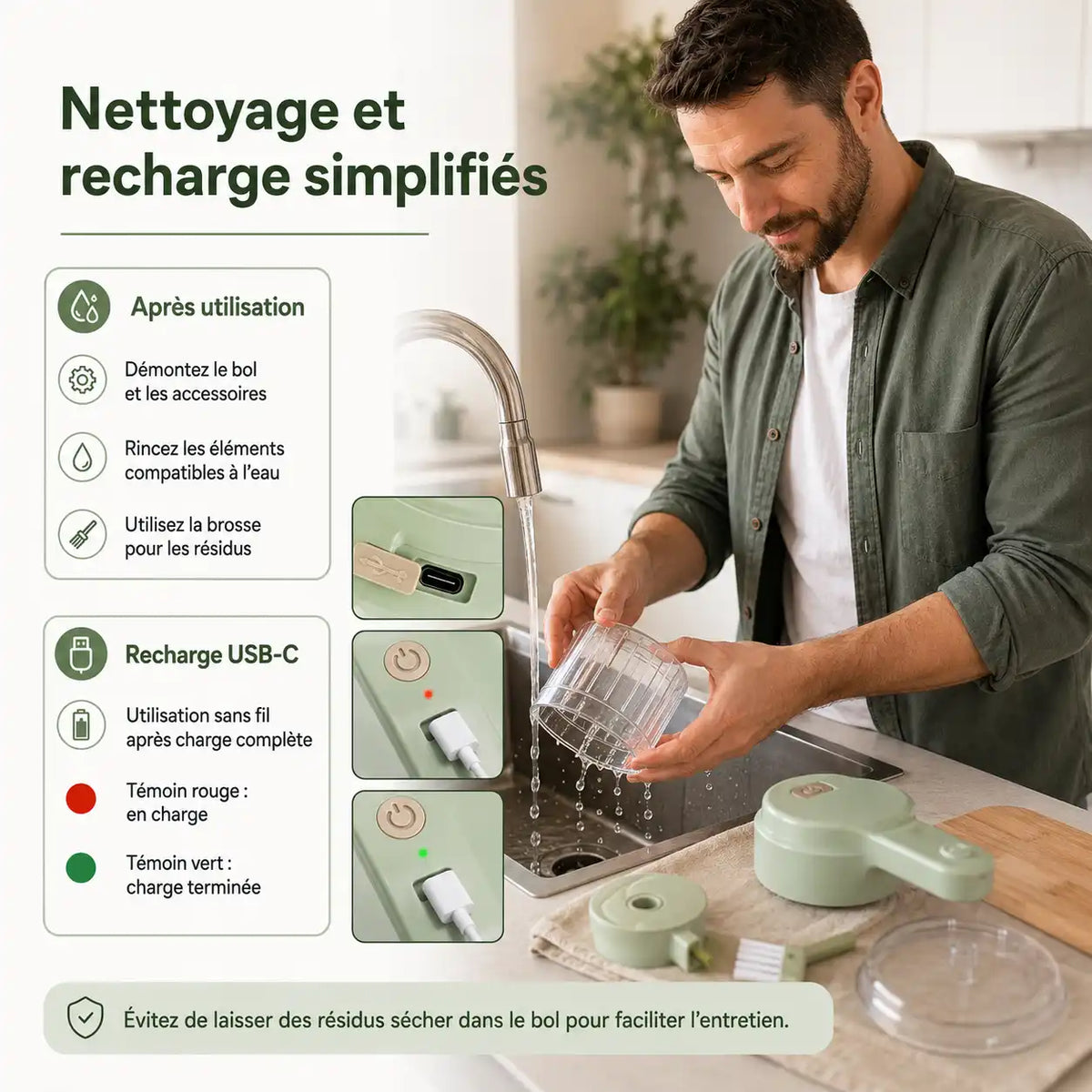 Hachoir 4 en 1 compact rechargeable — usage cuisine