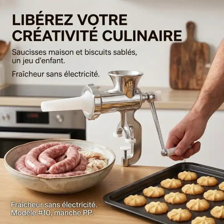 Créations Culinaire : Plan d'ensemble montrant le hachoir manuel (modèle #10, manche blanc) sur un plan de travail de cuisine élégant, entouré de créations finies : un bol rempli de saucisses de porc fraîches et une plaque de cuisson contenant des biscuits sablés étoilés. Texte : « LIBÉREZ VOTRE CRÉATIVITÉ CULINAIRE ».