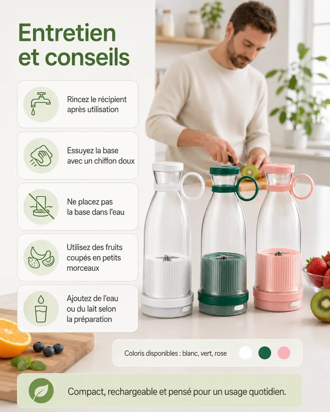 Blender portable vert 6 lames — nettoyage lave-vaisselle
