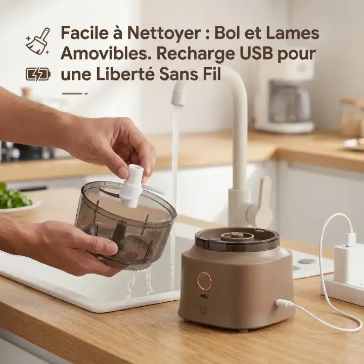 Hachoir électrique rechargeable USB marron désassemblé pour le nettoyage, montrant le bol et les lames sous l'eau et le port de charge USB.