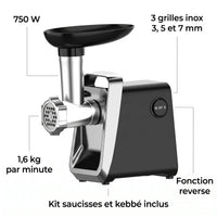Caractéristiques du hachoir 750W : 3 grilles inox 3, 5 et 7 mm, 1,6 kg par minute, fonction reverse, kit saucisses et kebbé