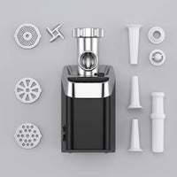 Hachoir à viande électrique 750W et ses accessoires : grilles, couteau, entonnoirs à saucisses, poussoir