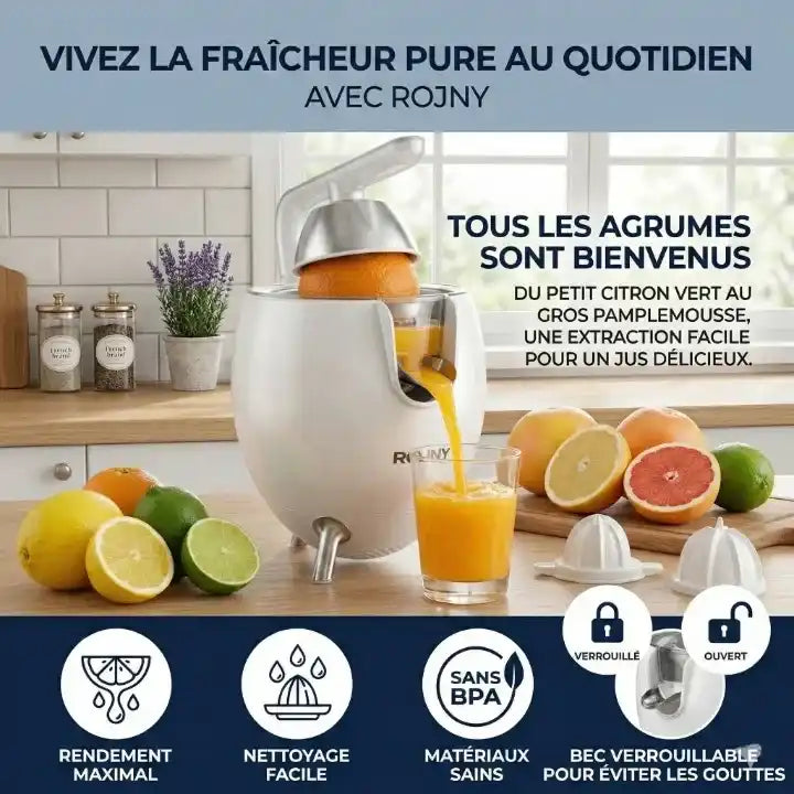 Hachoir extracteur de jus ROUNY 850W en acier inoxydable pour agrumes — vue de dessus