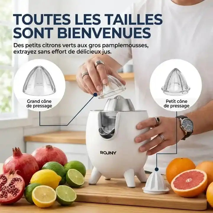 Hachoir extracteur de jus ROUNY 850W en acier inoxydable pour agrumes — vue latérale