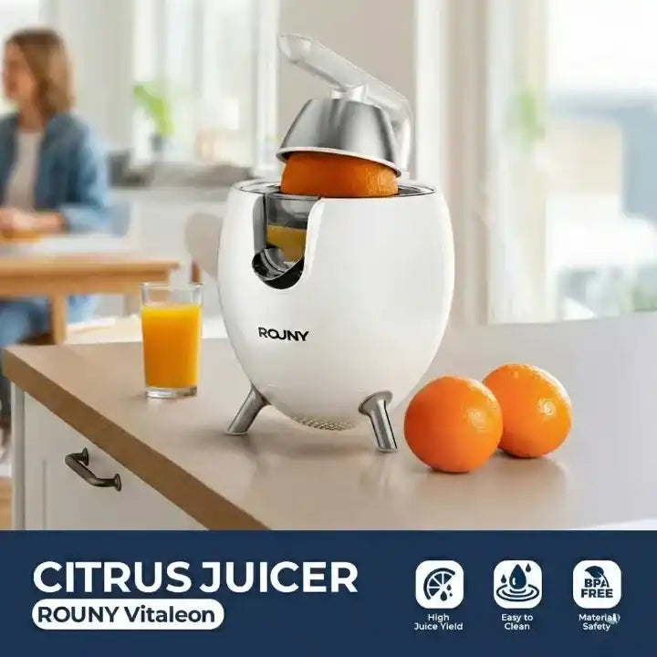 Hachoir extracteur de jus ROUNY 850W en acier inoxydable pour agrumes en action - Préparation culinaire rapide