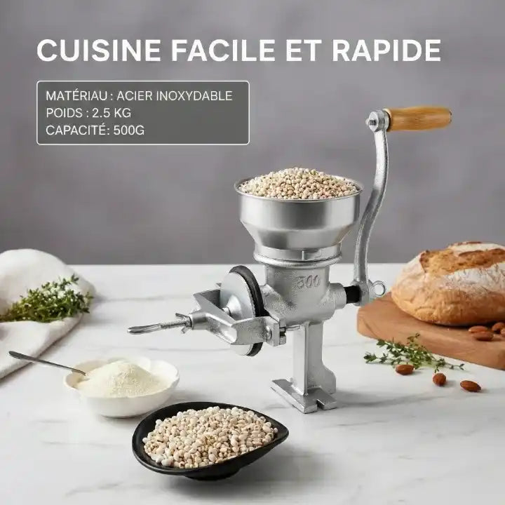 Hachoir manuel à grains 500g en fonte avec manivelle — accessoires inclus