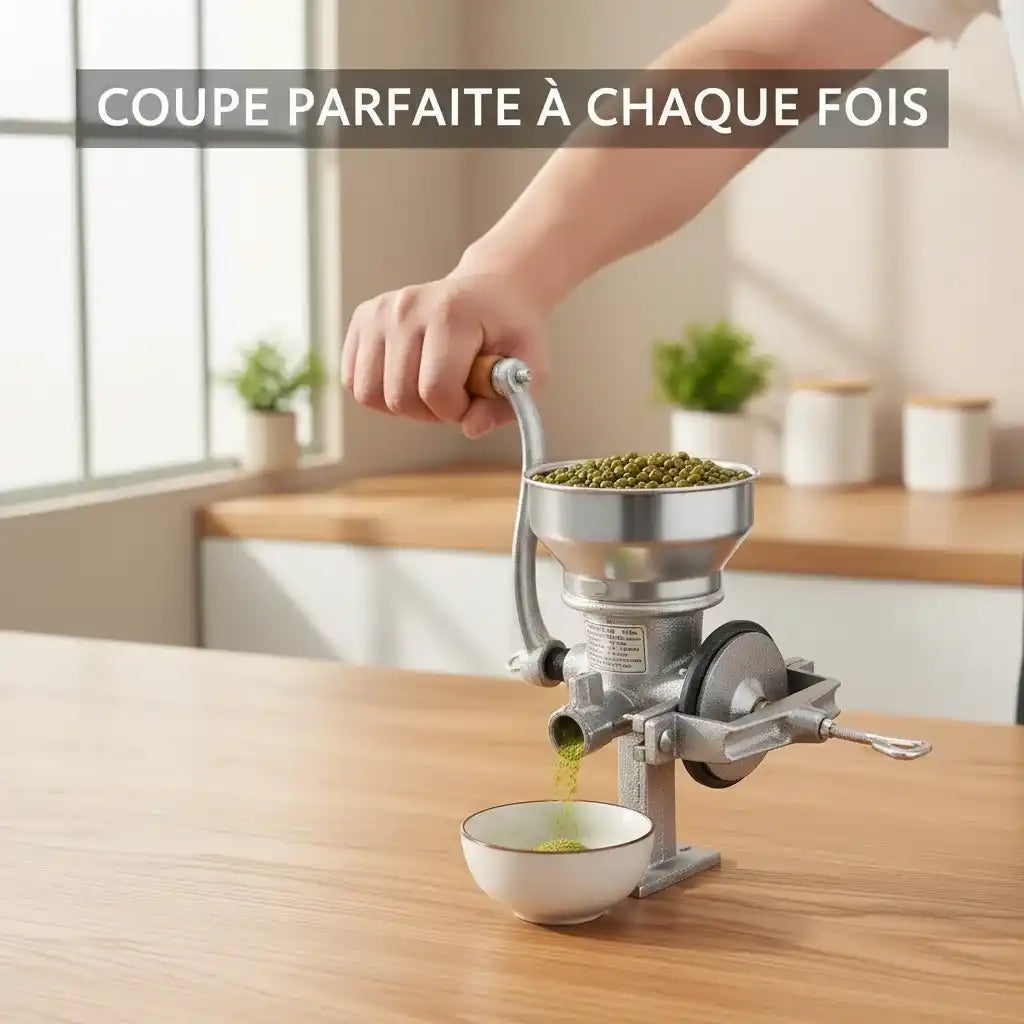 Hachoir manuel à grains 500g en fonte avec manivelle en action - Préparation culinaire rapide