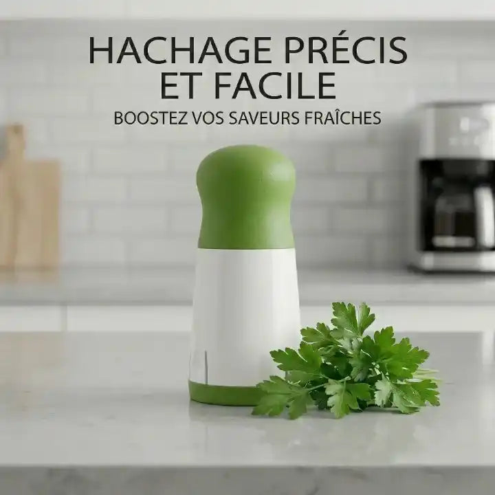 Hachoir manuel en acier inoxydable pour herbes et épices en action - Préparation culinaire rapide