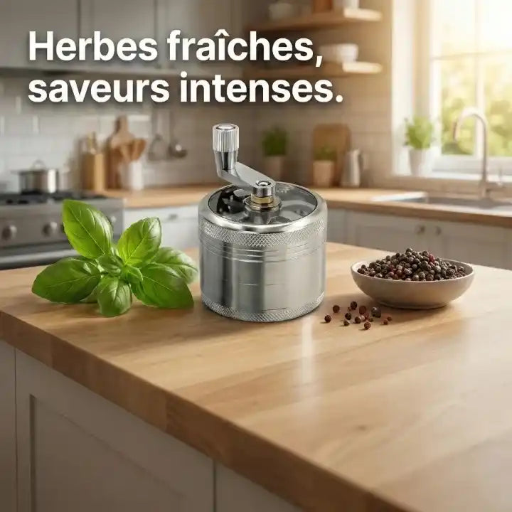 Hachoir manuel métallique à manivelle pour noix et épices — vue latérale