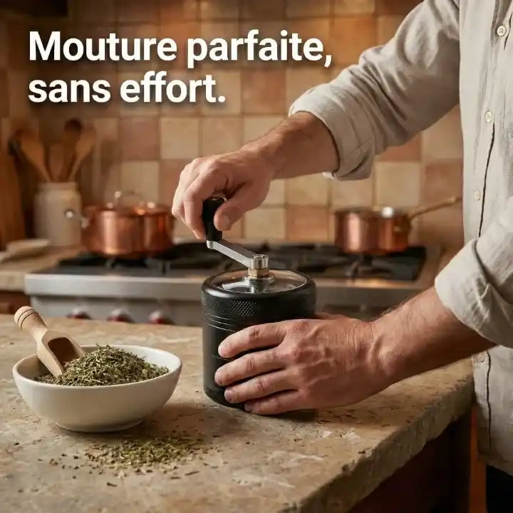 Détail lames et matériaux — Hachoir manuel métallique à manivelle pour noix et épices