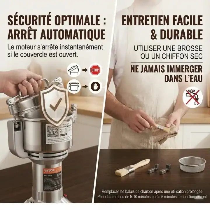 Sécurité arrêt automatique et entretien — hachoir électrique inox vertical