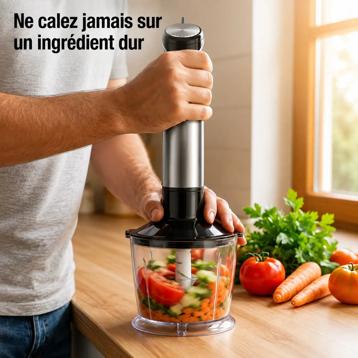 Utilisation du hachoir plongeant sur légumes frais – « Ne calez jamais sur un ingrédient dur »