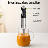 Hachoir plongeant 1500W mode turbo 16 vitesses mixant une soupe – « Investissez dans du solide »