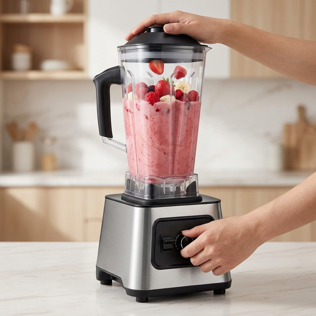 Blender hachoir de table 2,5 L, 4 lames inox, en cours d'utilisation