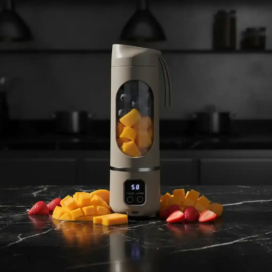 Blender portable USB-C 450ml sur marbre noir entouré de mangue et fraises fraîches – mixeur smoothie compact cuisine professionnelle