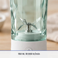 Gros plan sur les lames inox du blender portable blanc 600 ml, vues à travers le gobelet vert d'eau transparent