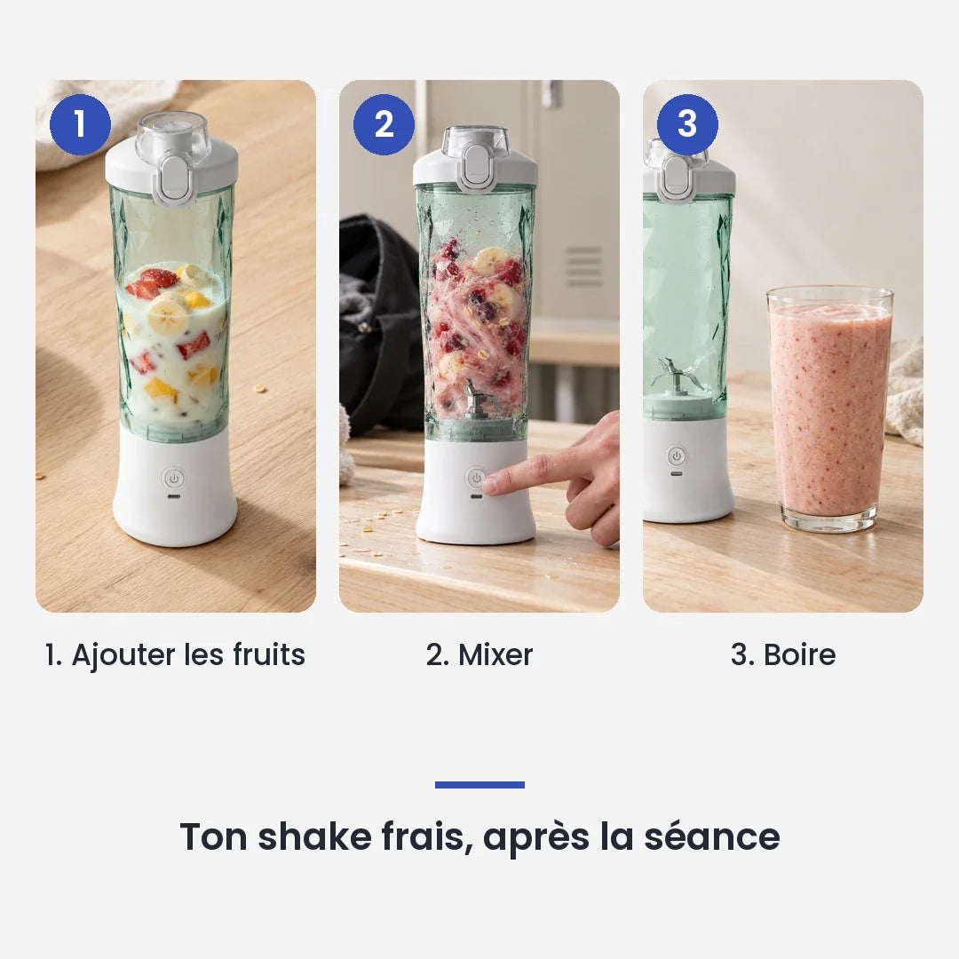 Comment utiliser le blender portable électrique 600ml USB smoothies en 3 étapes : ajouter les fruits, mixer, boire