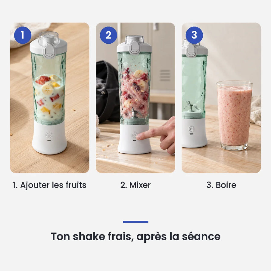 Comment utiliser le blender portable électrique 600ml USB smoothies en 3 étapes : ajouter les fruits, mixer, boire