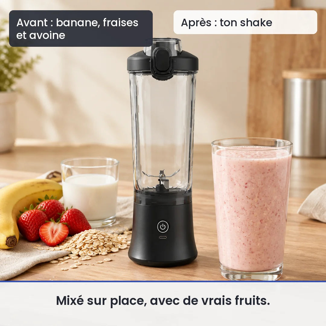 Avant/après avec le blender portable électrique 600ml rechargeable USB : banane, fraises et avoine, puis ton shake