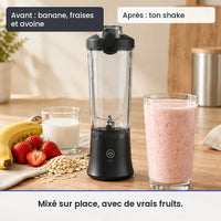 Avant/après avec le blender portable électrique 600ml rechargeable USB : banane, fraises et avoine, puis ton shake
