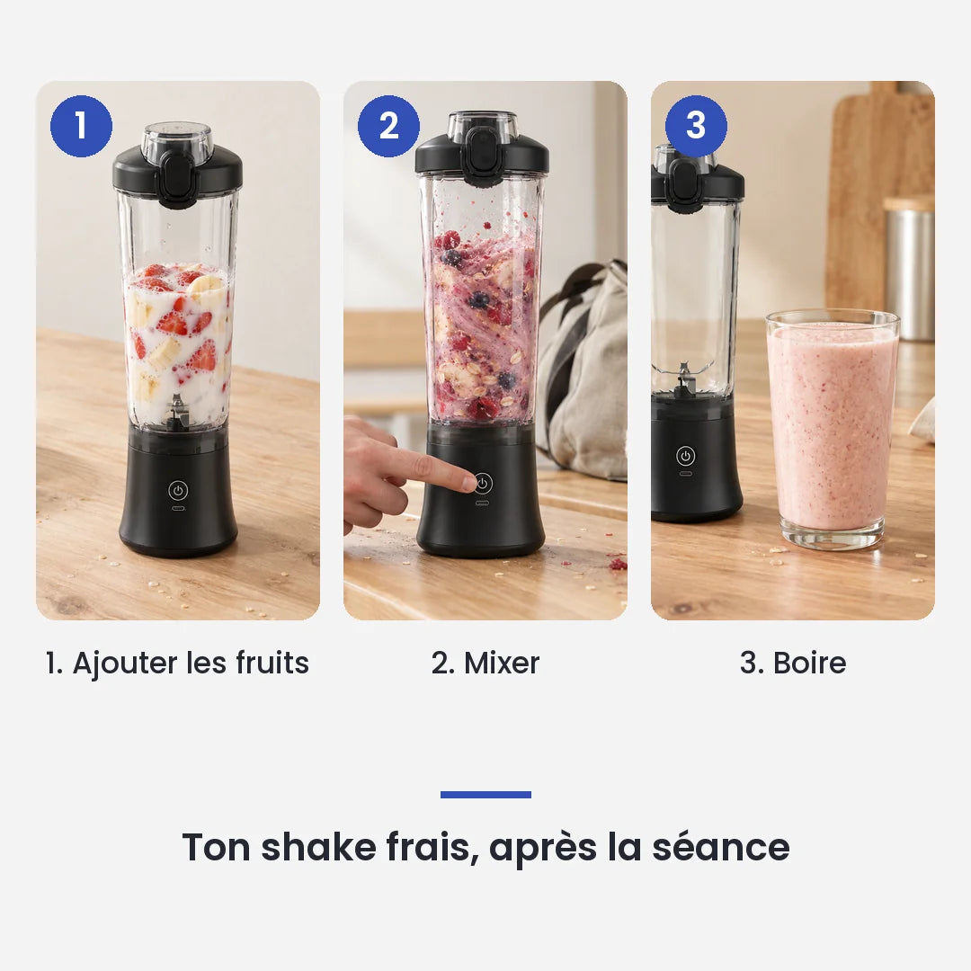 Comment utiliser le blender portable électrique 600ml rechargeable USB en 3 étapes : ajouter les fruits, mixer, boire