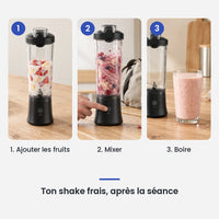 Comment utiliser le blender portable électrique 600ml rechargeable USB en 3 étapes : ajouter les fruits, mixer, boire