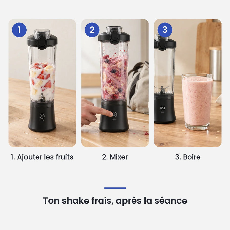 Comment utiliser le blender portable électrique 600ml rechargeable USB en 3 étapes : ajouter les fruits, mixer, boire