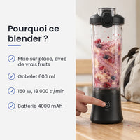 Pourquoi choisir ce blender : mixé sur place, avec de vrais fruits, gobelet 600 ml, 150 W, 18 000 tr/min, batterie 4000 mAh