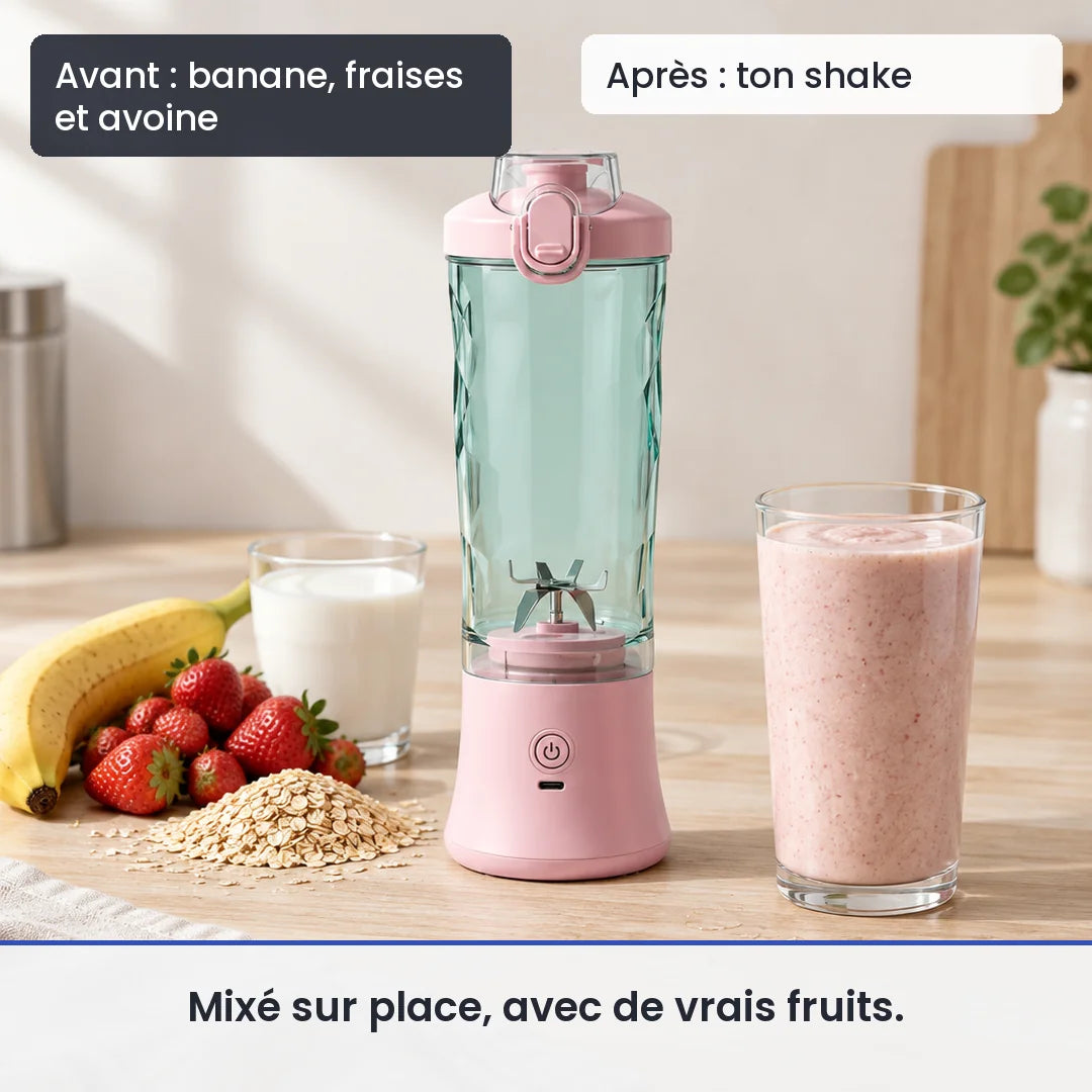 Avant/après avec le blender portable électrique 600ml rechargeable USB : banane, fraises et avoine, puis ton shake