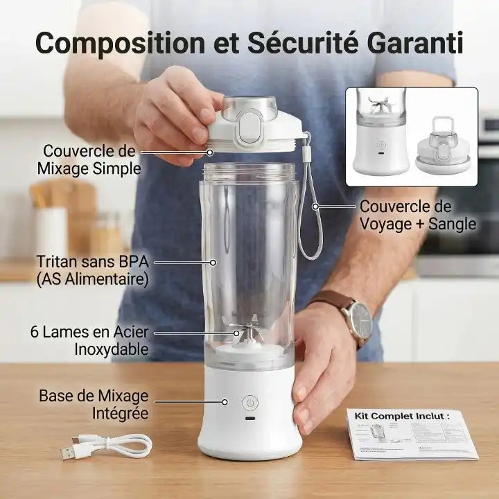 Infographie des caractéristiques techniques du blender portable : 6 lames en acier inoxydable, moteur 18 000 tr/min et gobelet Tritan sans BPA