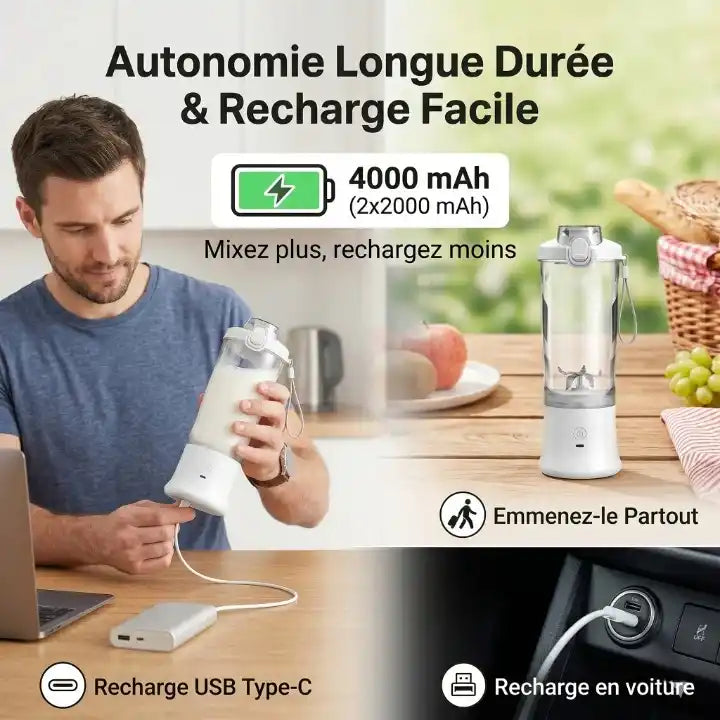 Blender portable rechargeable par USB-C affichant l'autonomie de la batterie 4000mAh et les options de charge (ordinateur, voiture, batterie externe)