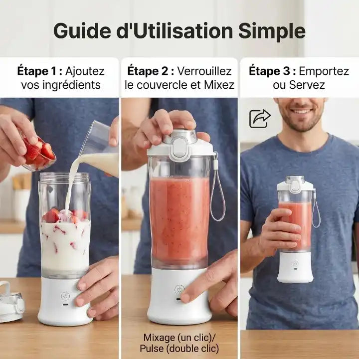 Guide d'utilisation en 4 étapes pour faire un smoothie avec le mini blender portable rechargeable : ajouter fruits, mixer, et déguster