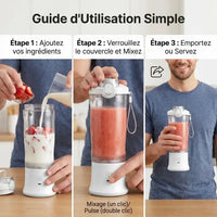 Guide d'utilisation en 4 étapes pour faire un smoothie avec le mini blender portable rechargeable : ajouter fruits, mixer, et déguster