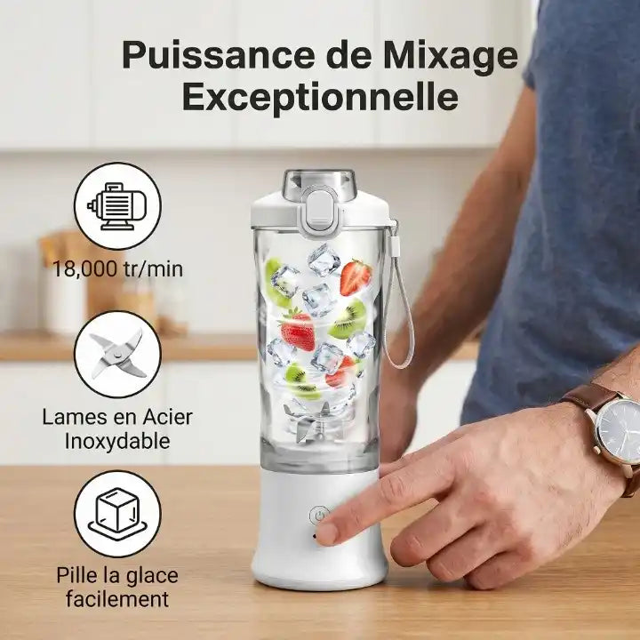 Contenu complet du pack du blender portable électrique blanc avec ses deux couvercles, son câble de charge USB-C et son manuel d'utilisation