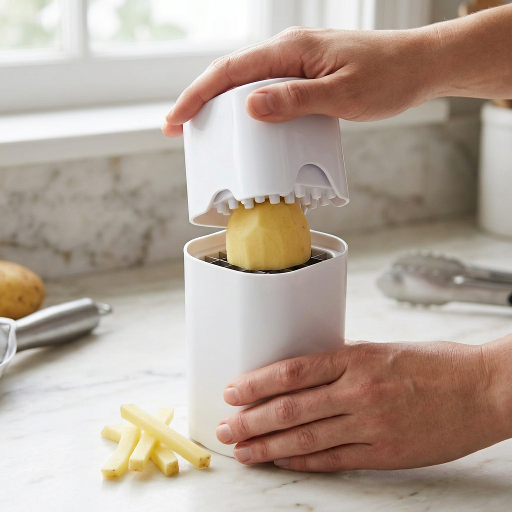 Coupe-frites à pousser, boîte blanche, en cours d'utilisation