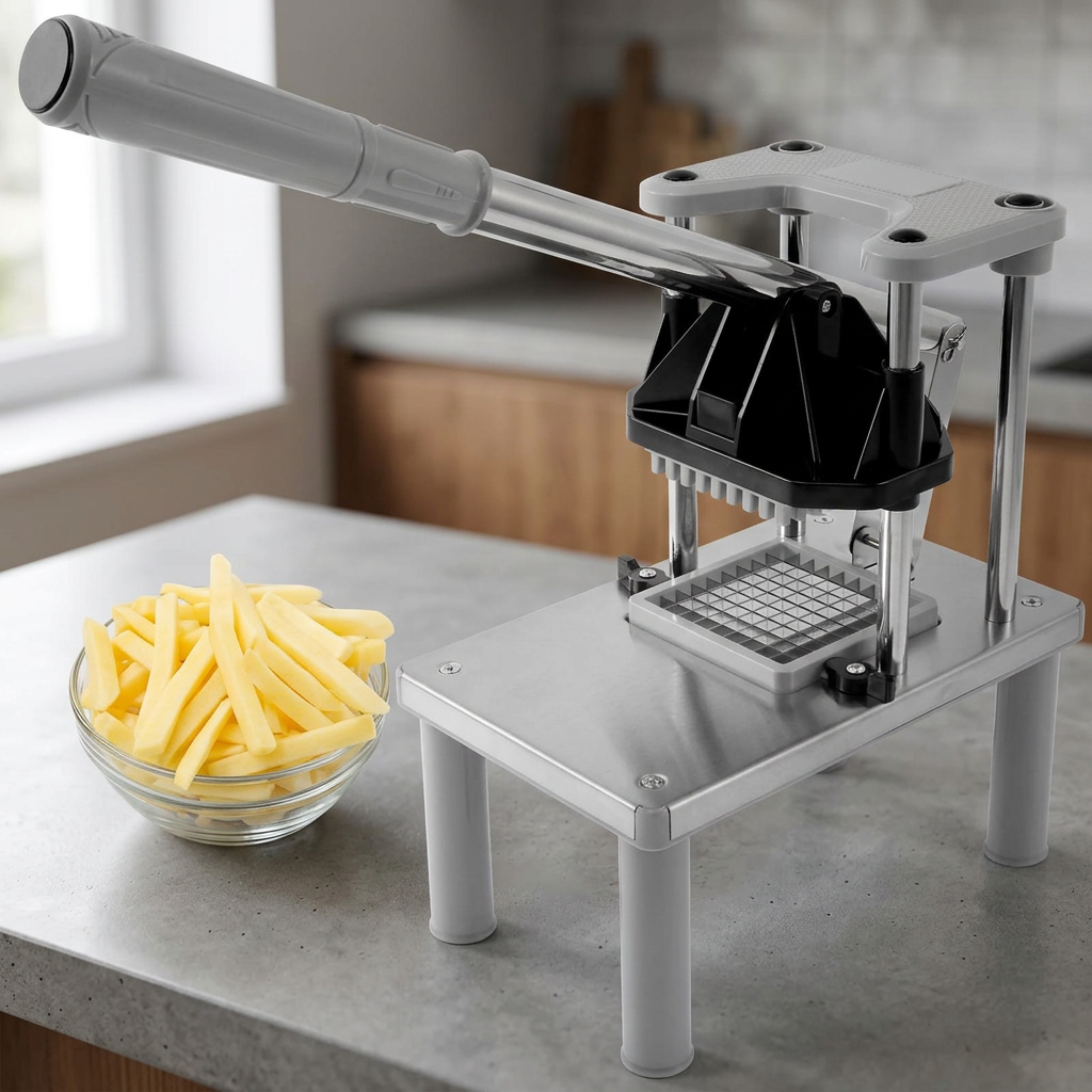 Coupe-frites professionnel inox sur pieds, 2 grilles, résultat obtenu