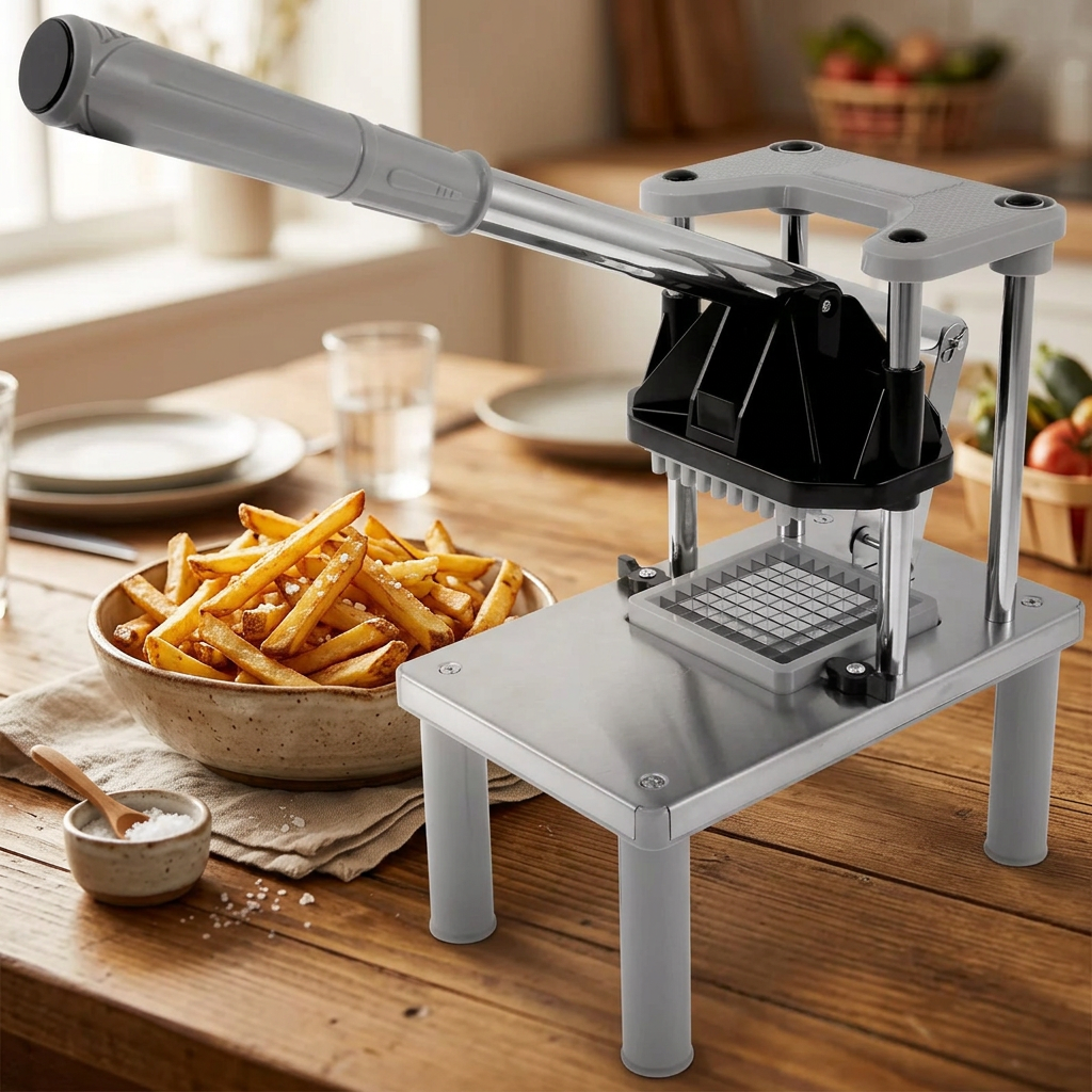 Coupe-frites professionnel inox sur pieds, 2 grilles, en situation dans la cuisine